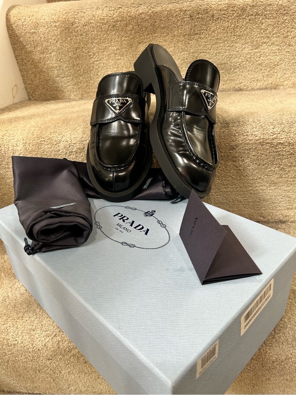 Prada Black Leather Logo Loafer Mules 7.5